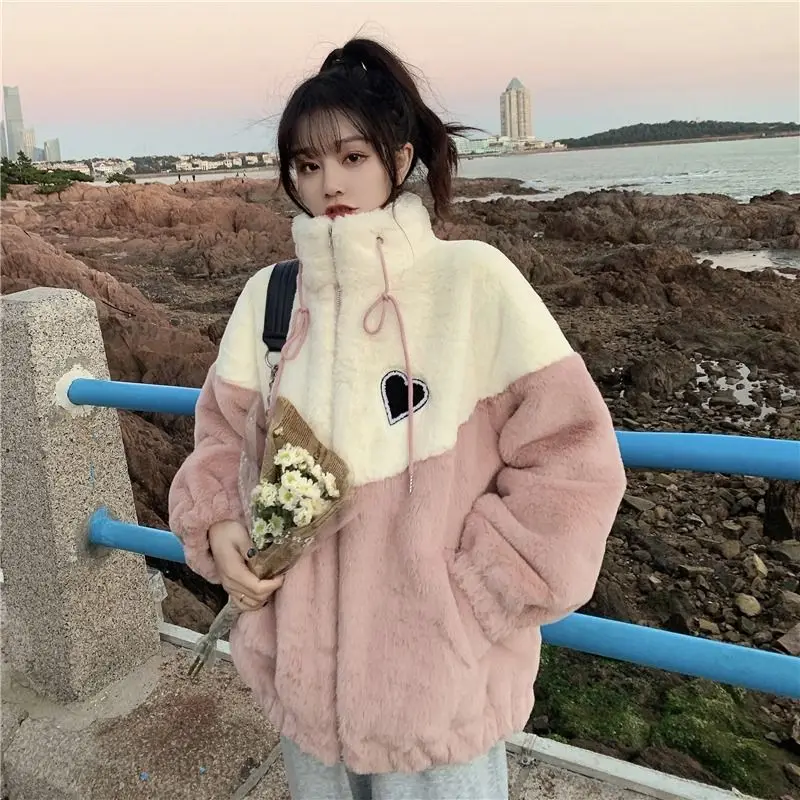 Women Autumn Winter Warm Heart Lamb Jackets 2023 New Korean Lady Sweet Patchwork Zipper Coats Imitation Fur Outerwear Pink Tops