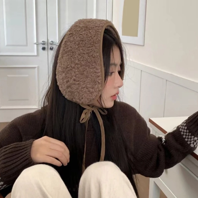 Korean Simple Solid Color Lamb Wool Earmuffs Winter Outdoor Leisure Versatile Pullover Thermal Ear Protection Headband for Women