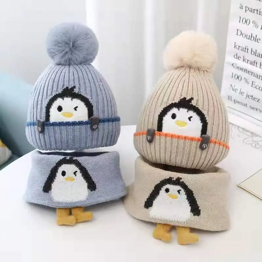 

Outdoor Thicken Baby Accessories Cold proof Children Warm cap Baby Fur Pompoms Bonnet Kids Knitted Hat Baby Hat Scarf Suits