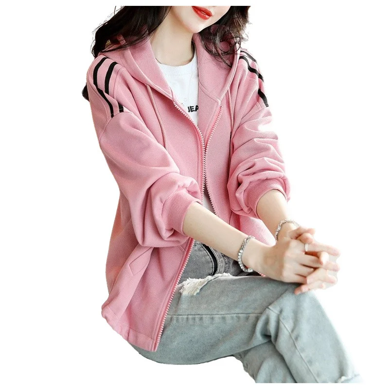 

Jacket Design Women's 2024 Spring And Autumn Hooded Outerwear Lady New Pink Loose Tops Recreational Knitting Outside Coat