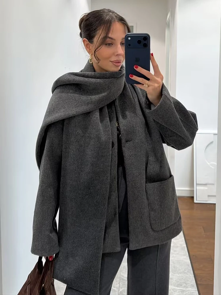 Women's Elegant Scarf Collar Jacket Fashion High Quality Autumn Winter Long Sleeve Coat 2025 New Lady Commuter Casual Outerwear