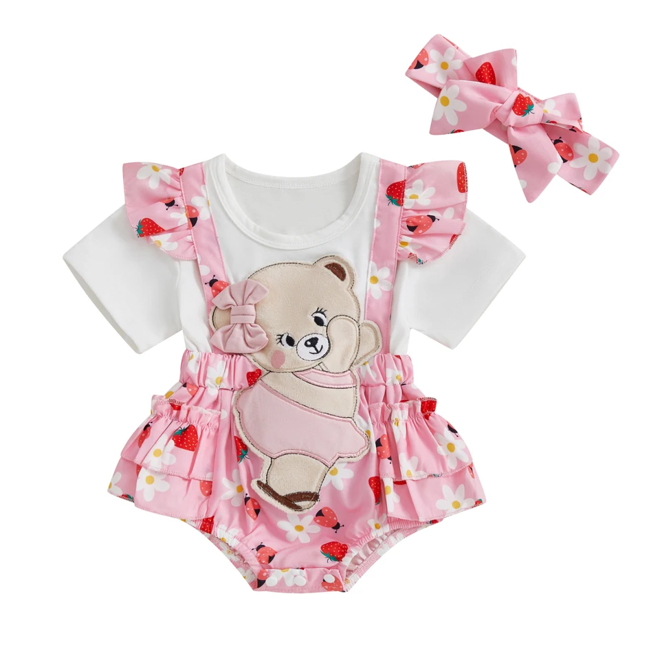 Newborn Baby Girl Romper Dress With Headband - Bear Embroidery Summer Outfit