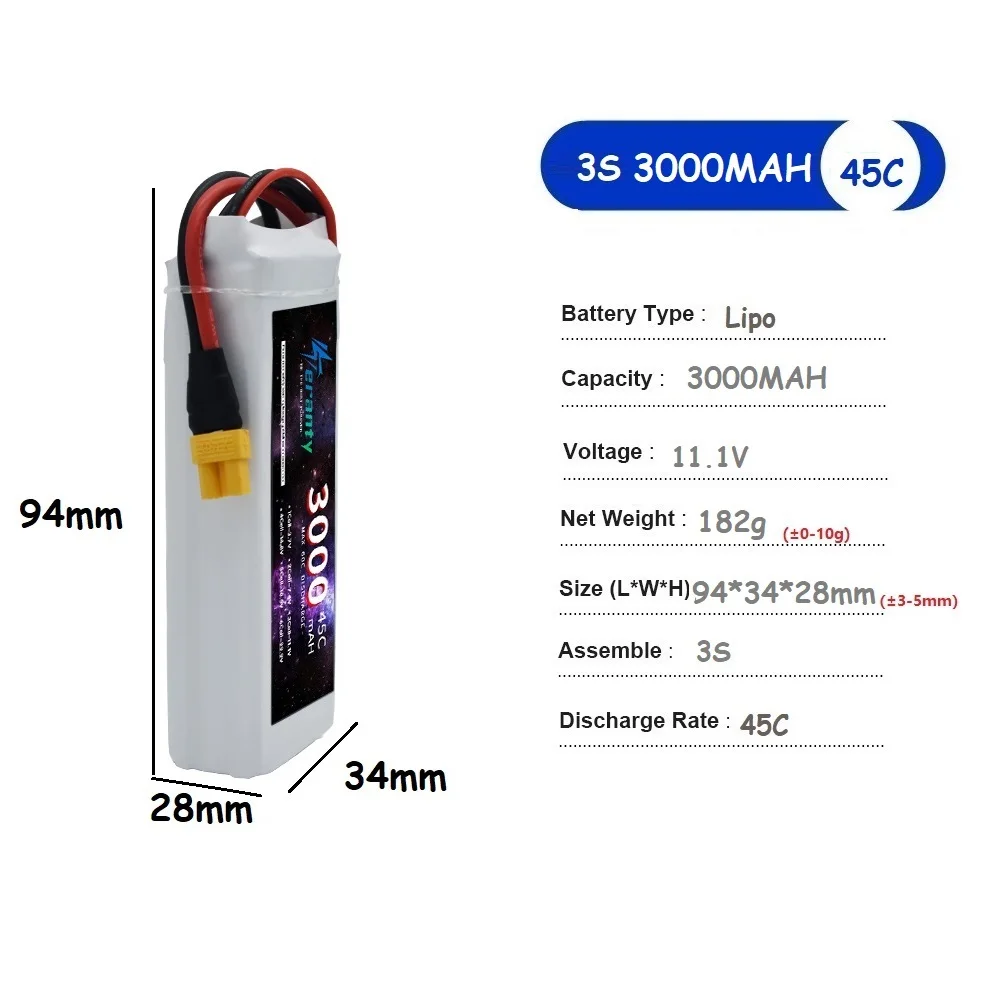 Batterie Lipo 11.1V 1500-3300mAh 45C-60C XT60/T pour Drone