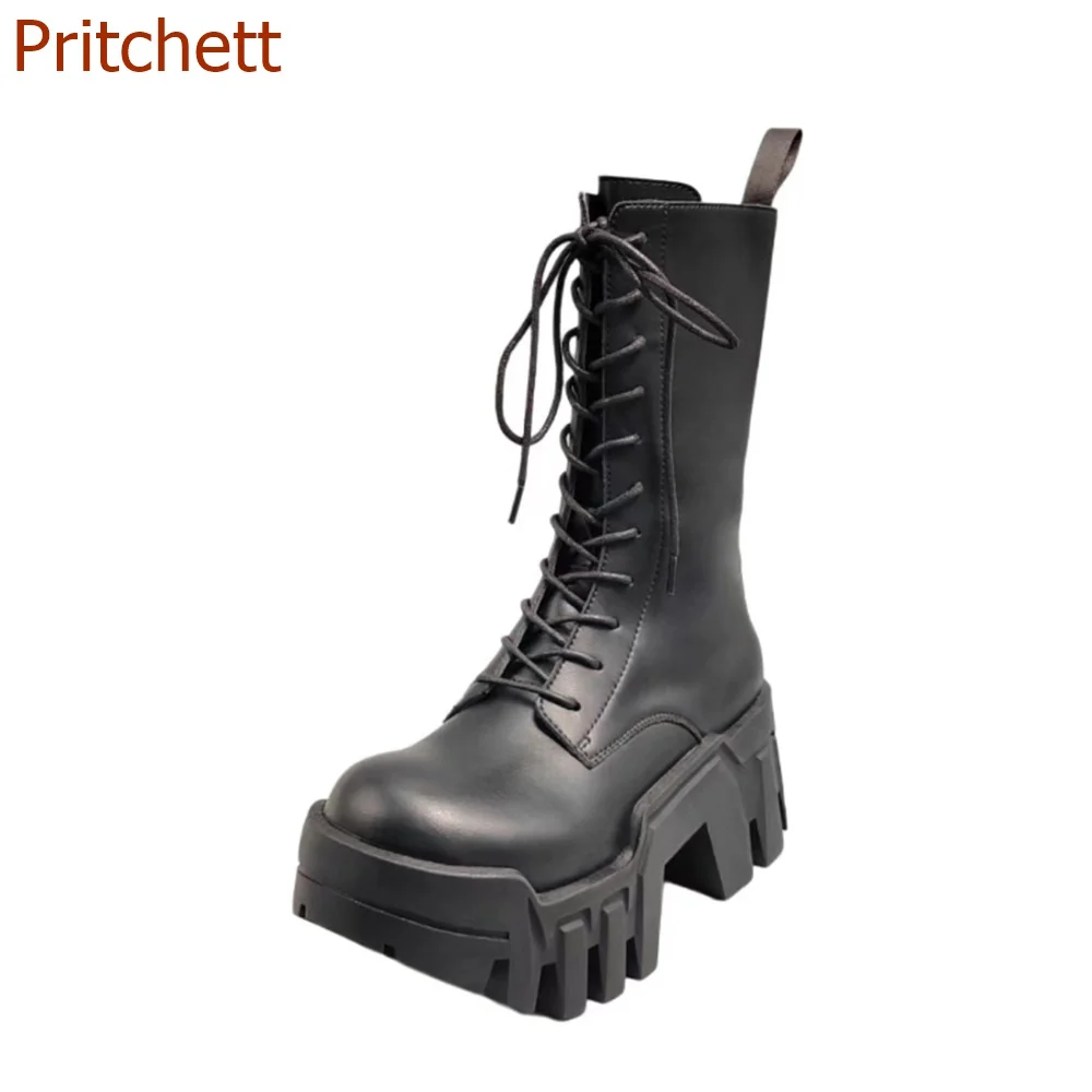 Square Toe Thick Heel Women Boots Solid Lace Up Sqaure Toe Genuine Leather Fashion Casual Punk Cross Tied Women Shoes 2023Newest