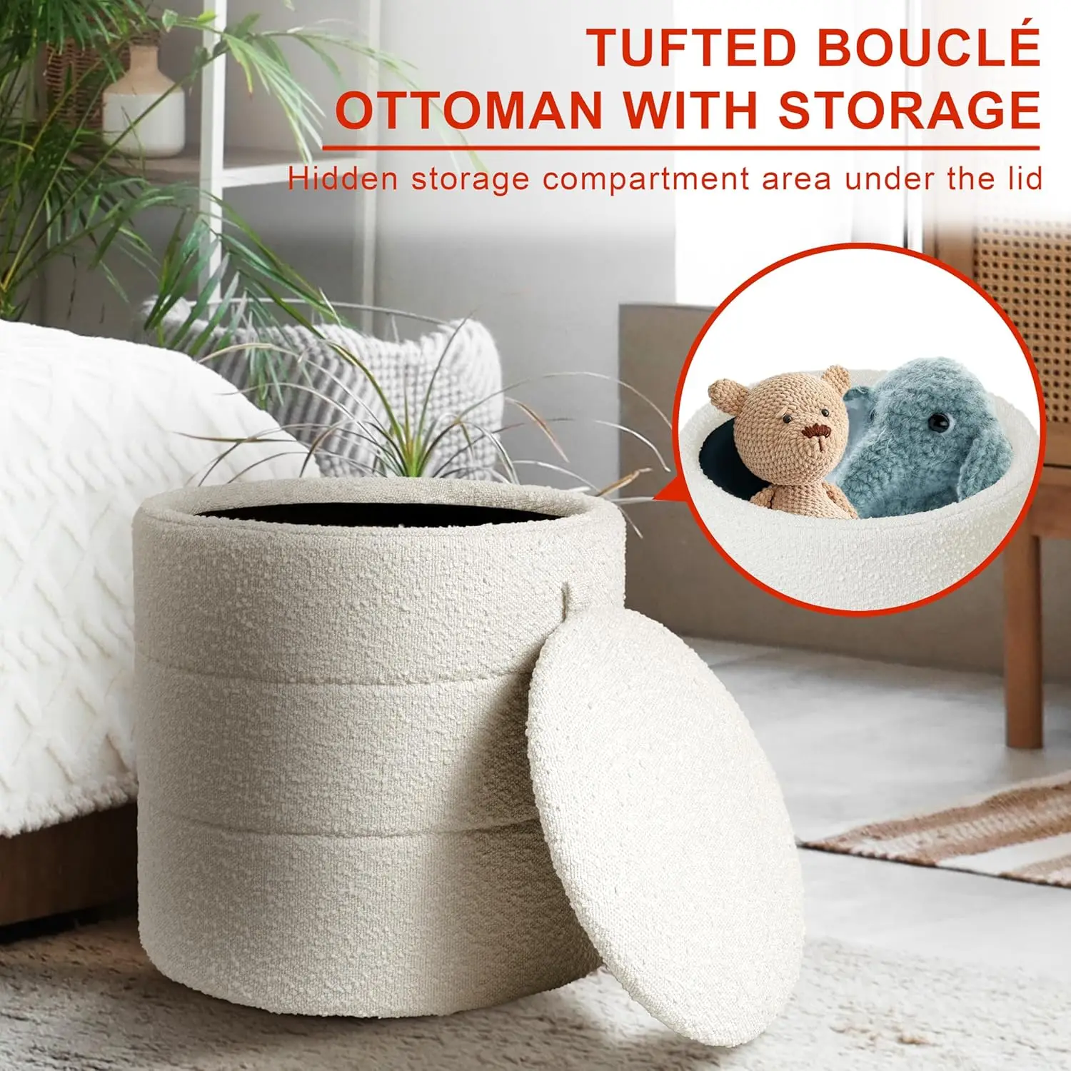 Storage Round Ottoman with Removable Lid Home Décor|Upholstered Round Foot Rest Ottoman - Cream Boucle