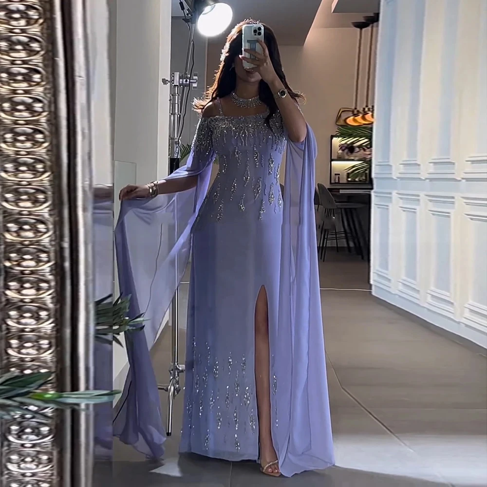 Elegant Arabic Lilac Mermaid Evening Dress with Cape Sleeves For Women 2024 Luxury Dubai Beaded Women Wedding Formal Party Gowns