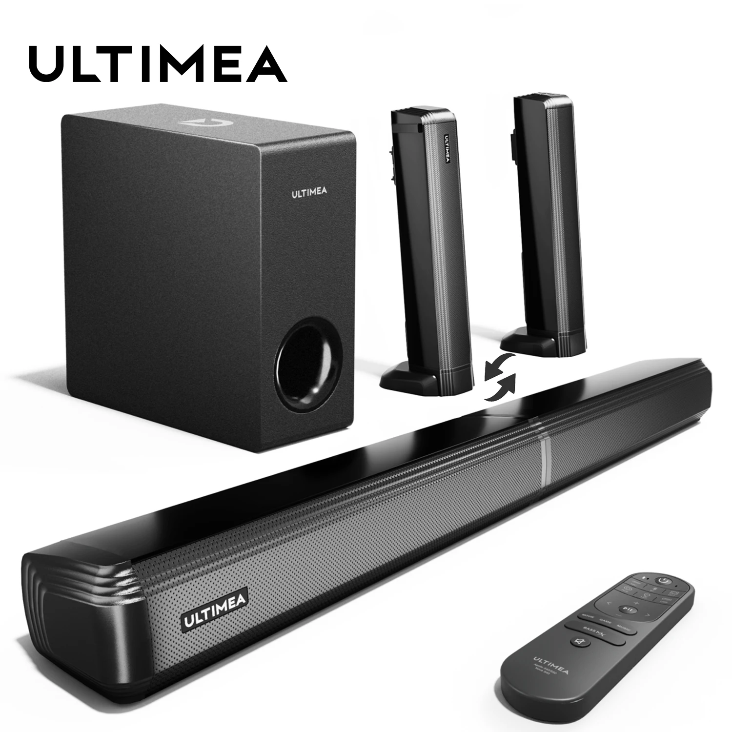 ULTIMEA 4.1CH TV Soundbar with Subwoofer 2-IN 1 Detachable Bluetooth Soundbar Bass Adjustable 3EQ Modes TV Sound Bar Speakers