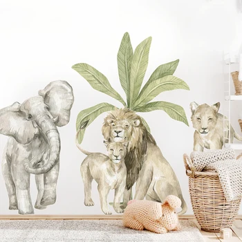 Boho Large African Lion Giraffe Wild Animals Tropical Tree Watercolor Wall Sticker Nursery Wall Decals Kids Boys Room Home Decor 2
