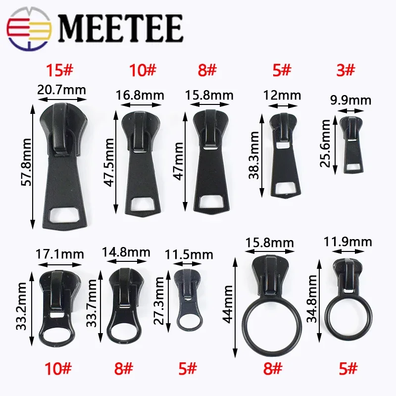 Meetee 10pcs 3# 5# 8# 10# 15# Zipper Sliders for Resin Zips Clothes Jacket Zippers Head Repair Kit DIY Sewing Zip Slider Puller