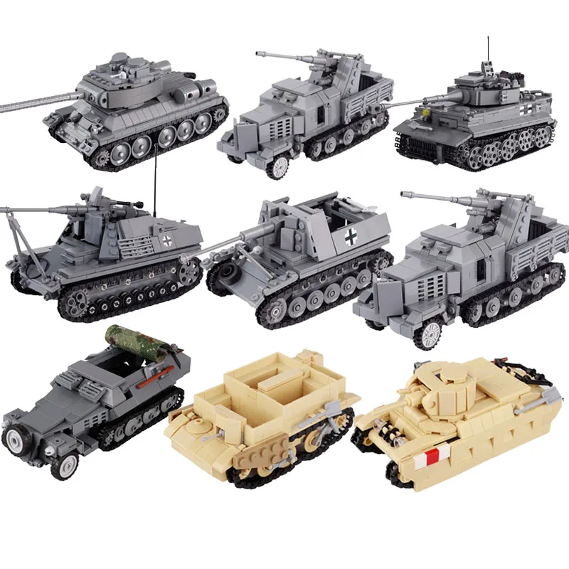 

WW2 Military Vehicles T34 M26 Tank Sets Building Blocks SDKFZ251 Army Soldier Figures Weapon Gun Part DIY Brick Kids Model Toys
