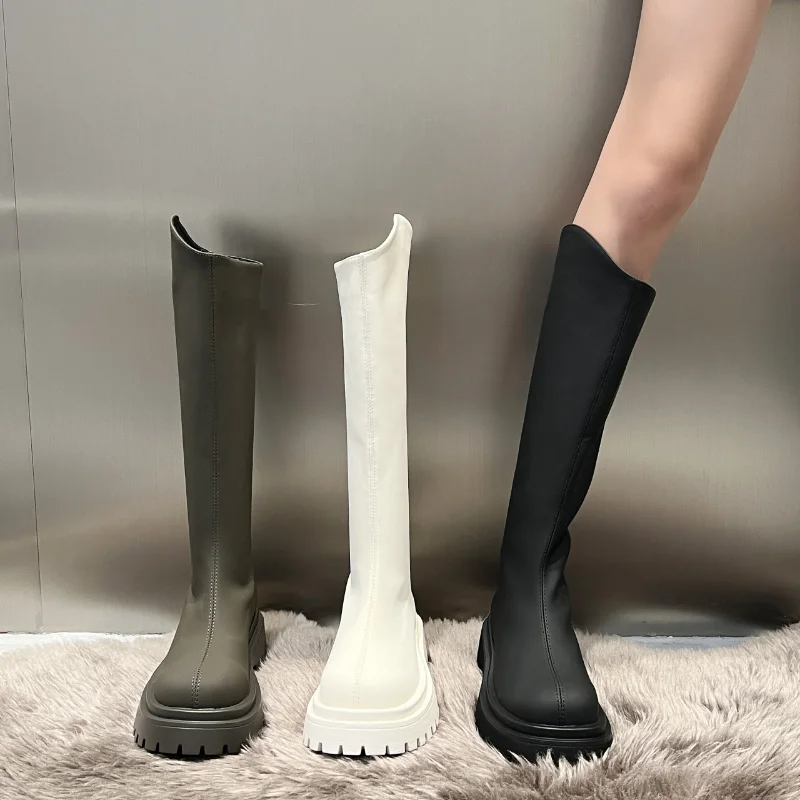 Winter Women's Outdoor Shoes Riding Boots Knee High Matte Natural Leather Cowhide Fashion Street Style Botas Mujer Women Boots