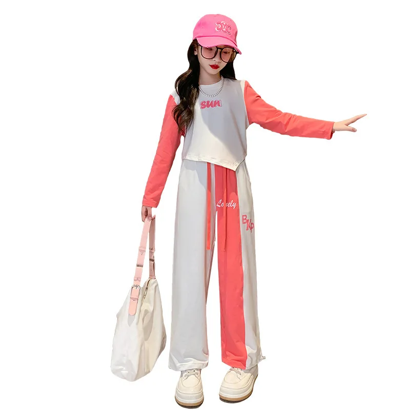 

Girls Fashion Clothes Spring Streetwear Patchwork Set Round Neck Pullover + Wide Leg Pant 2pcs Casual Kid Outfit for Teens 4-14Y