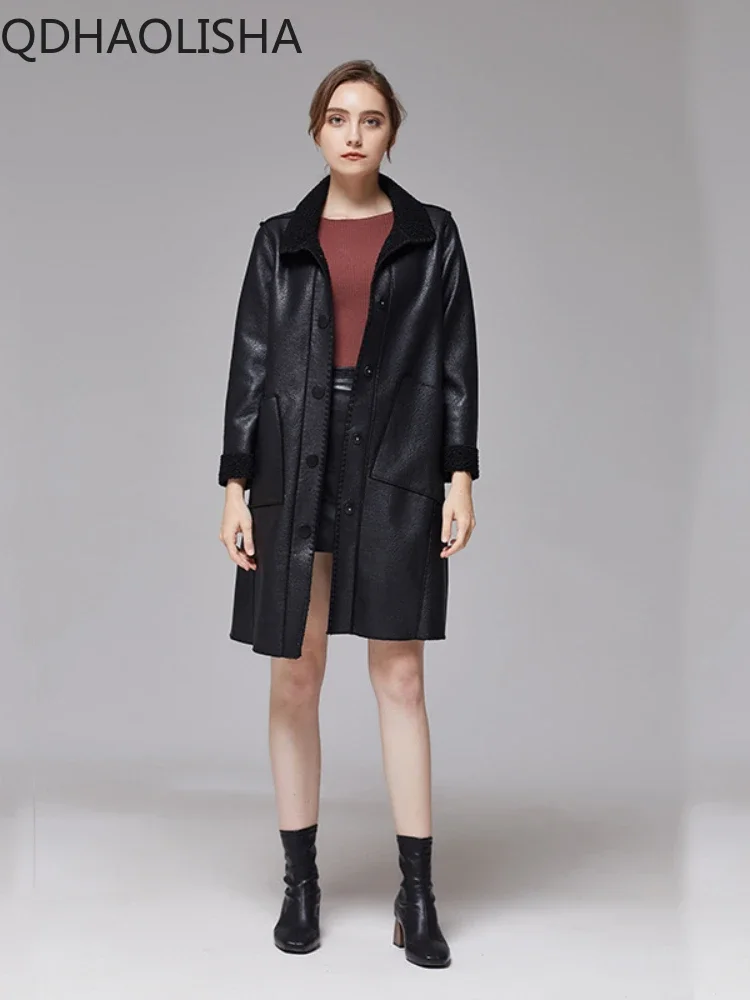 

Women's Coats Streetwear Autumn 2023 Leather Jacket Fashion Slim Velvet Trench Coat Winter Warm Long Sleeve Top Woman Clothing