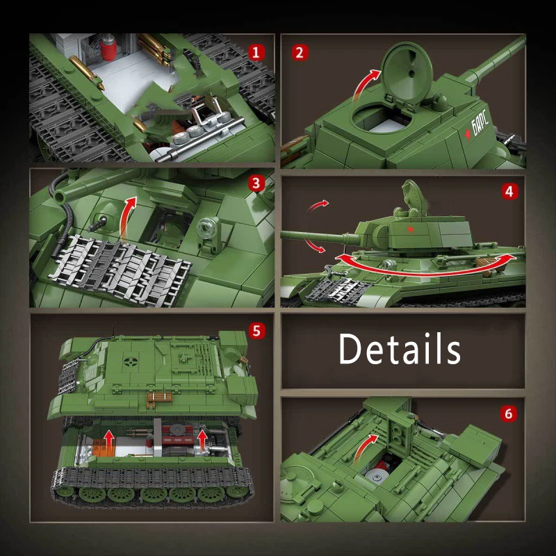 군사 소련 T-34 중형 탱크 빌딩 블록, WW2 육군 무기 표범 KV-2 타이거 I 헤비 탱크 기술 브릭, 어린이 장난감