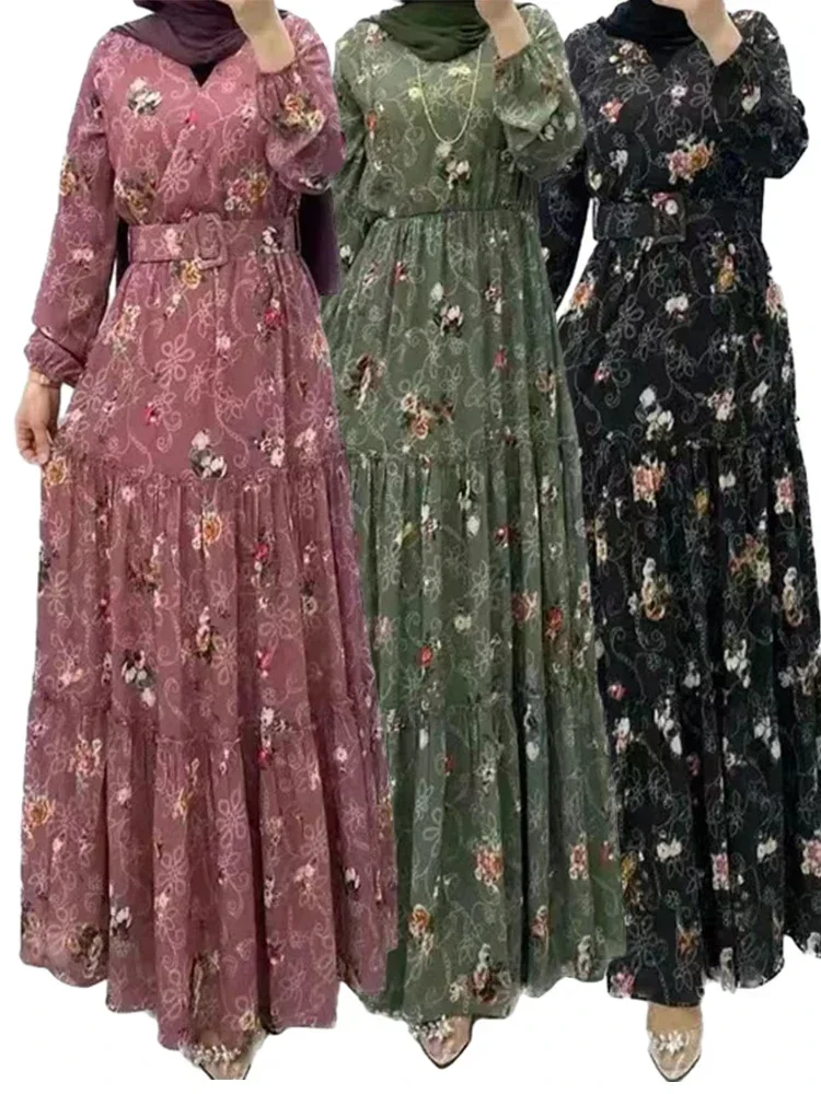Eid Marocco Vestito Donna Musulmano Abaya Jalabiya Dolcevita Stampa Floreale Con Cintura Dubai Caftano Robe Abiti Ramadan Abaya Abiti