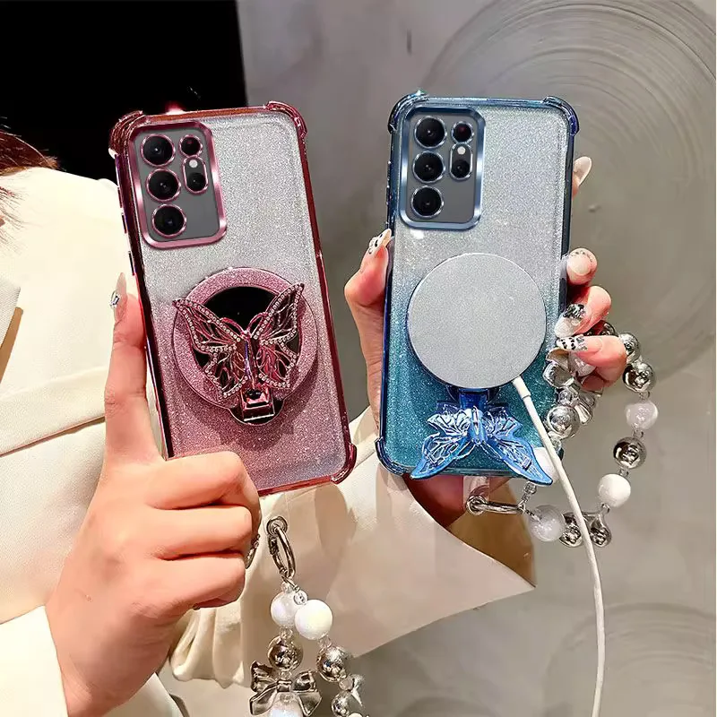 Elegant Mirror Shockproof Magnetic Phone Case with Butterfly Holder and Bracelet Cover