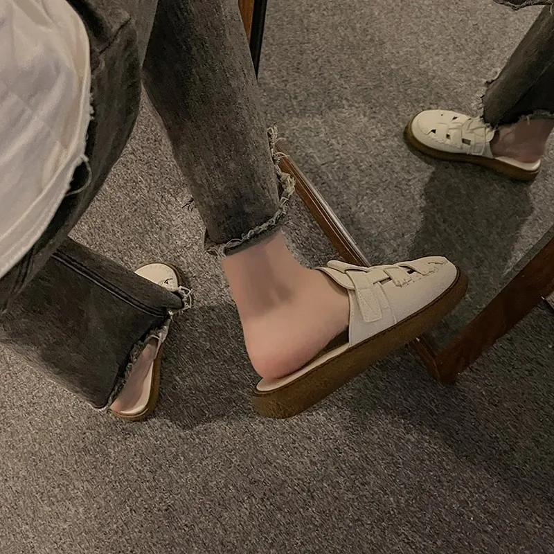 Baotou Sandals Women Wear 2024 Summer New Hollow-out Heelless Thick Sole Lazy Half Slippers Women Shoes  Slippers