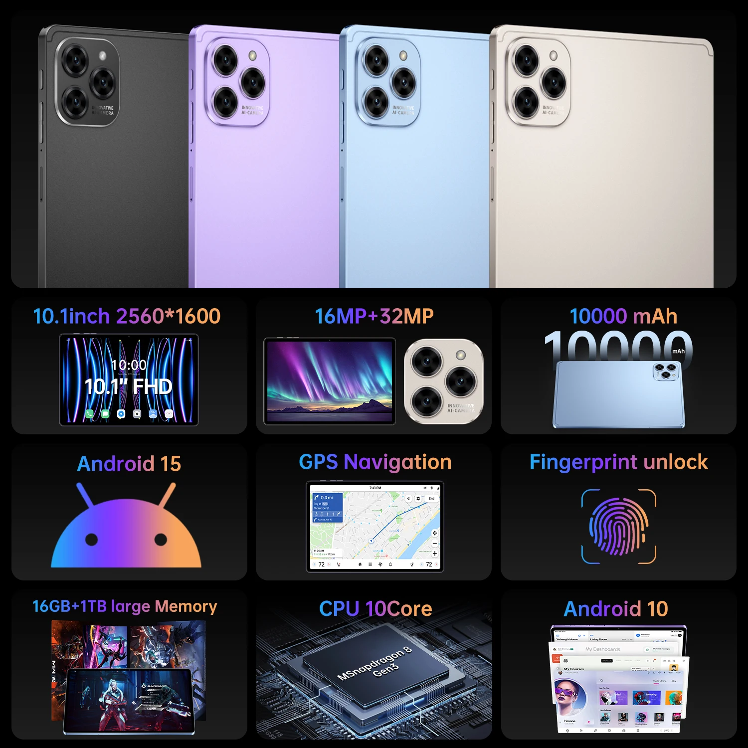 لوحة رقمية 10.1 بوصة أندرويد 15