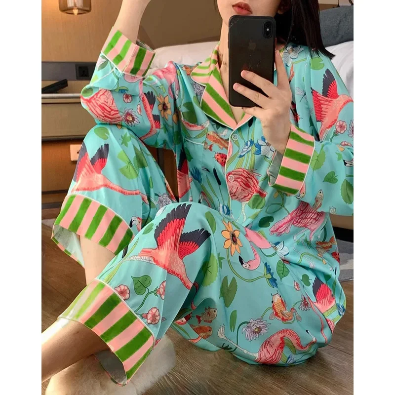 Sexy Pajamas for Women in Spring Summer Long Sleeved Flower and Bird Patterns High-end New Luxurious Comfortable Pajamas