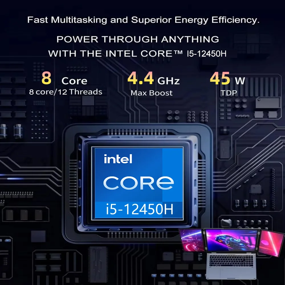 2025 뉴 MAX16 트리플 스크린 노트북 WiFi5 RJ45 인텔 I5-12450H 듀얼 채널 M.2 NVME/SATA 32GB 램 2TB SSD 고성능 PC