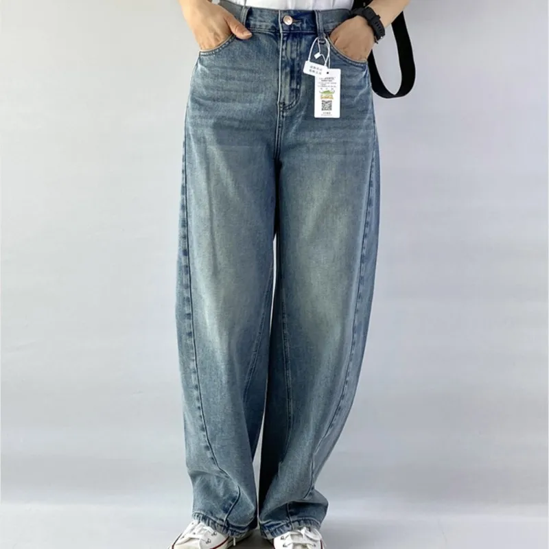 2025 Spring Autumn Boyfriend Jeans New 100kg Premium Design Curved Plus Size Women Denim Harem Long Pants 107