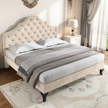 Velvet Upholstered Bed with Slatted Frame and Headboard with Height-adjustable Headboard Wooden Slat Support Easy Assembly