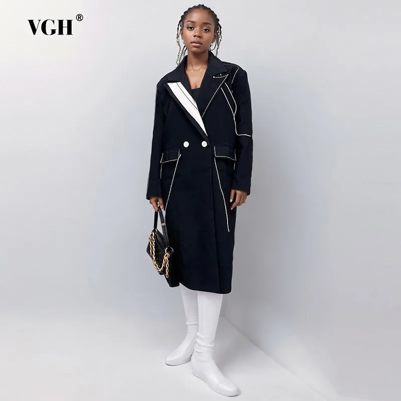 

VGH Hit Color Patchwork Pockets Casual Trenchs For Women Lapel Long Sleeve Spliced Double Breasted Minimalaist Coats Female New