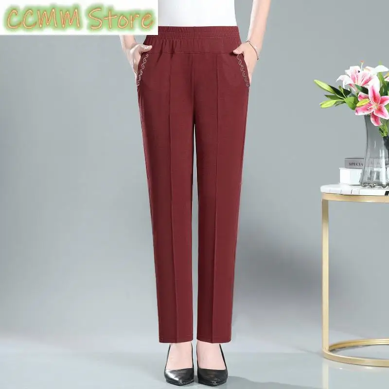 New Summer Ice Silk Mid Aged Casual Pants Women's Elastic High Waist Solid Print Pocket Korean Versatile Slim Straight Trousers