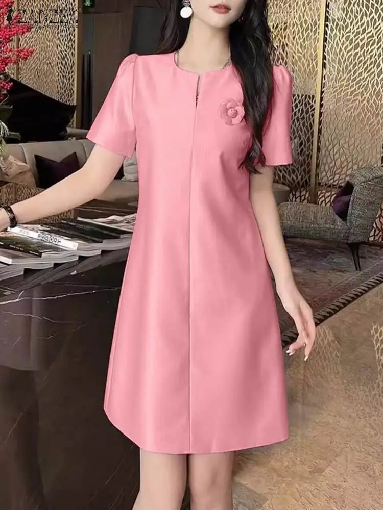 

Fashin Casual Flower Work OL Party Dress ZANZEA Elegant Summer Women Short Sleeve Solid Sundress Knee-length Vestido Robe Femme
