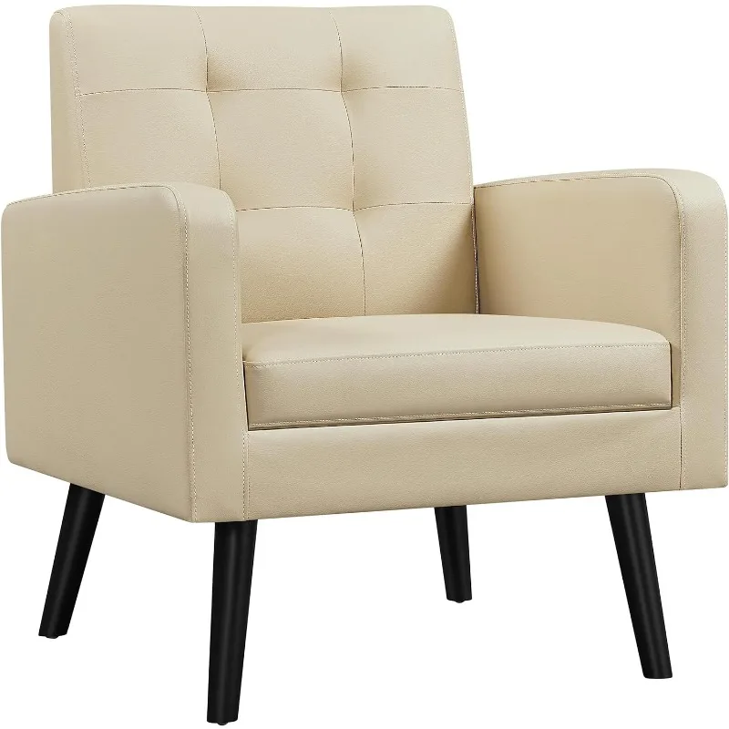 

Mid-Century Accent Chairs, PU Leather Modern Upholstered Living Room Chair, Cozy Armchair Button Tufted Back and Wood Legs