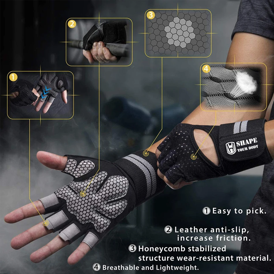 Weightlifting Gloves WorthWhile Half Finger Gym Fitness Gloves with Wrist Wrap Support for Men Women Crossfit Workout Power Weight Lifting Equipment