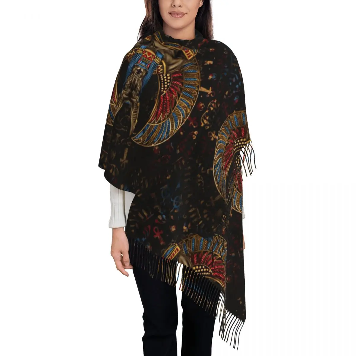 

Womens Scarf with Tassel Anubis Egyptian God Large Winter Fall Shawl Wrap Ancient Egypt Deities Reversible Cashmere Scarf
