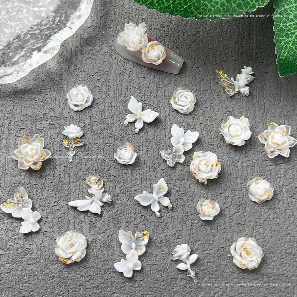 50 Stück süße weiße Serie Blumen-Nagel-Charms, leuchtende Lotusblume, Schmetterling, Kunstharz, Nagel-Charms für Maniküre, Dekoration, DIY-Teile – Detail 4