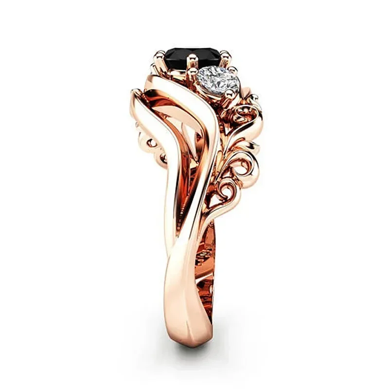 Engagement Rings Stone Rings Fashion Rings Gold Rings Finger Rings Fashion Ring Metal Rings Creative Witch Ring Unique Black Stone Prong Setting Twist Band Design Rose Gold Color Women Engagement Finger Rings