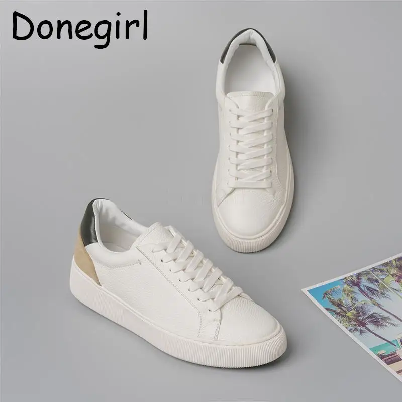 

Donegirl 2023 Fashion New Women Genuine Leather Spring Splicing Solid Casual Shoes Flat Simple Basic Lacing Sneaker Female Chic