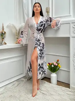 Estate Autunno Accappatoio da donna Stampa con cintura Abito da damigella d'onore Lato aperto Abito da notte lungo Camicia da notte in rete Lingerie trasparente Pigiama 1