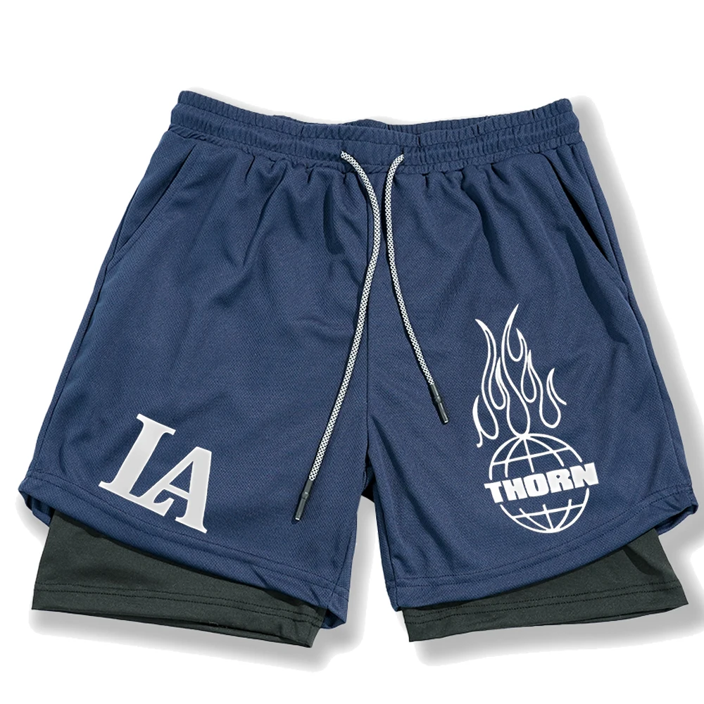 Summer Letter LA Shorts Men's 2-in-1 Compression Quick Dry Shorts GYM Training Double Layered Fitness Running Sports Short Pants 4