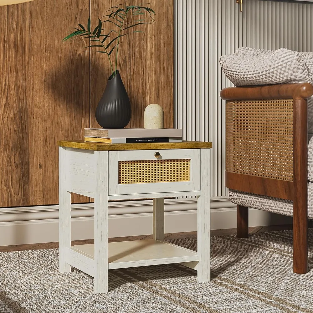 Nightstands Set of 2, End Tables with Rattan Decor Drawers, Bedside Tables in Boho Style, Side Tables with Storage Shelf, White 4