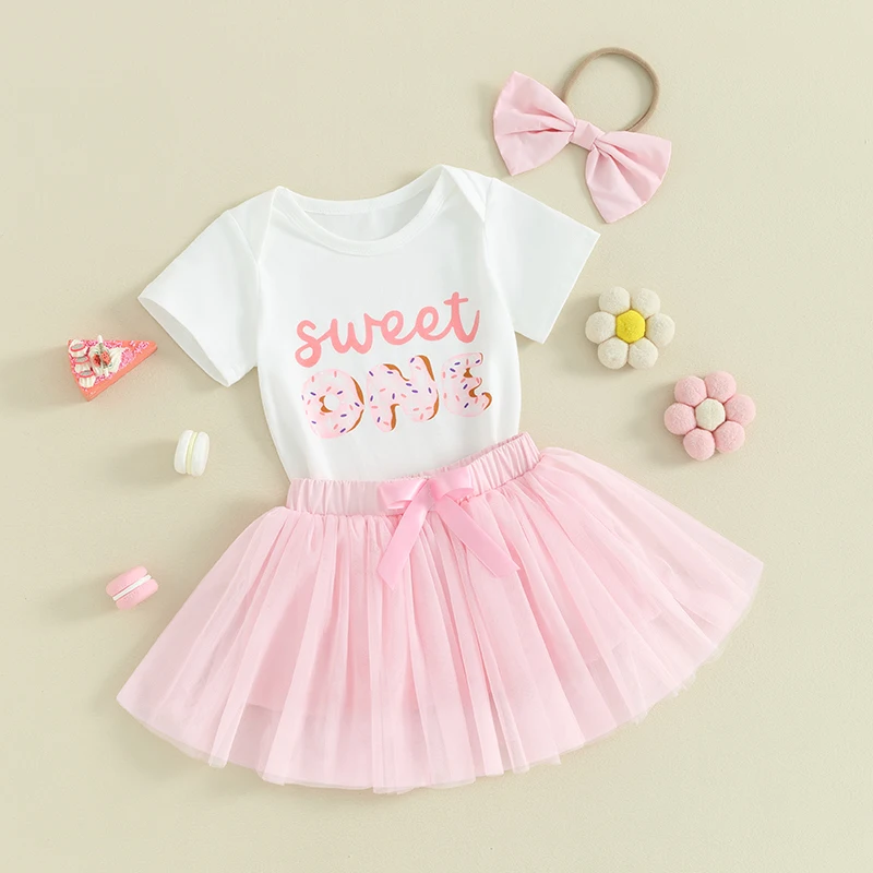 

Baby Girl First Birthday Outfit Sweet One Year Old Clothes Skirt Set Short Sleeve Romper Tulle Tutu Skirts Headband