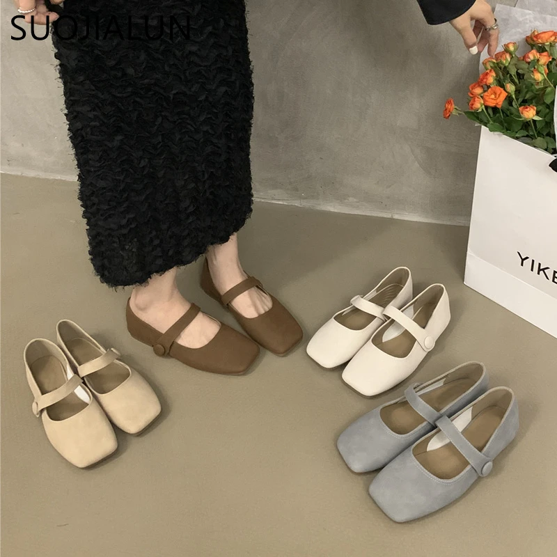 

SUOJIALUN 2023 Women Flat Shoes Fashion Square Toe Shallow Ladies Flat Mary Jane Shoes Soft Casual Dress Ballet Shoes Ballerina