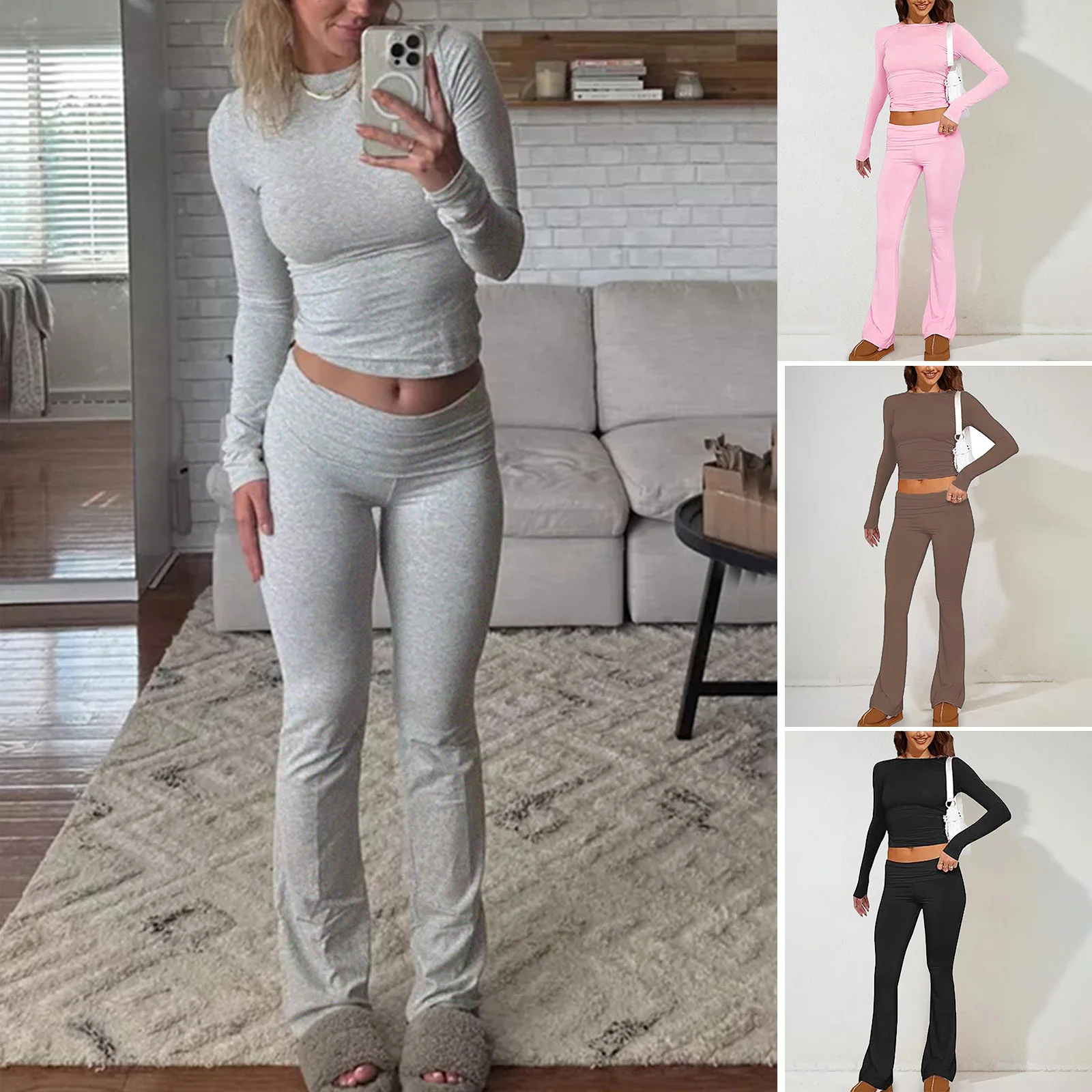 High Quality Luxury and Elegant Women's Clothing 2024 Spring/summer Solid Color Fashionable Slim Fitting Long Sleeved Set Pants