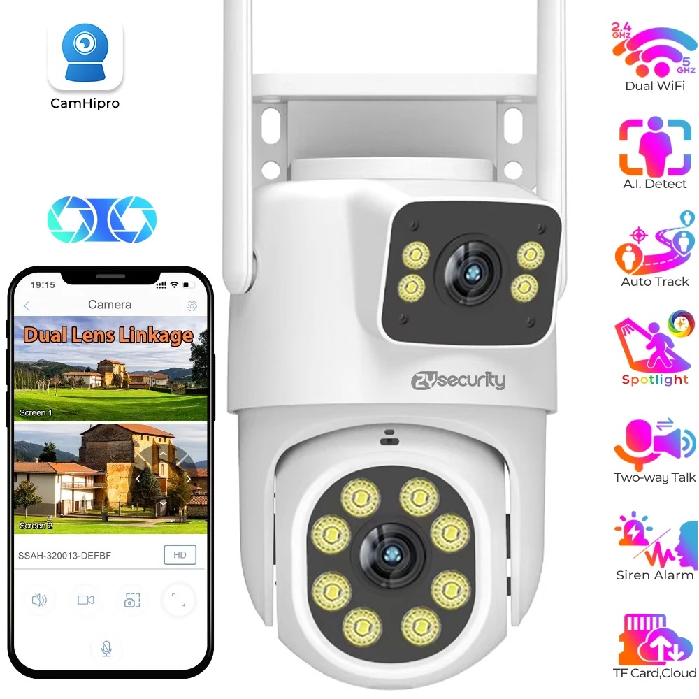 2MP+2MP Dual Lens Security Camera Outdoor WiFi PTZ IP Camera AI Human Detect Auto Tracking Wireless CCTV Camera CamHipro app 1
