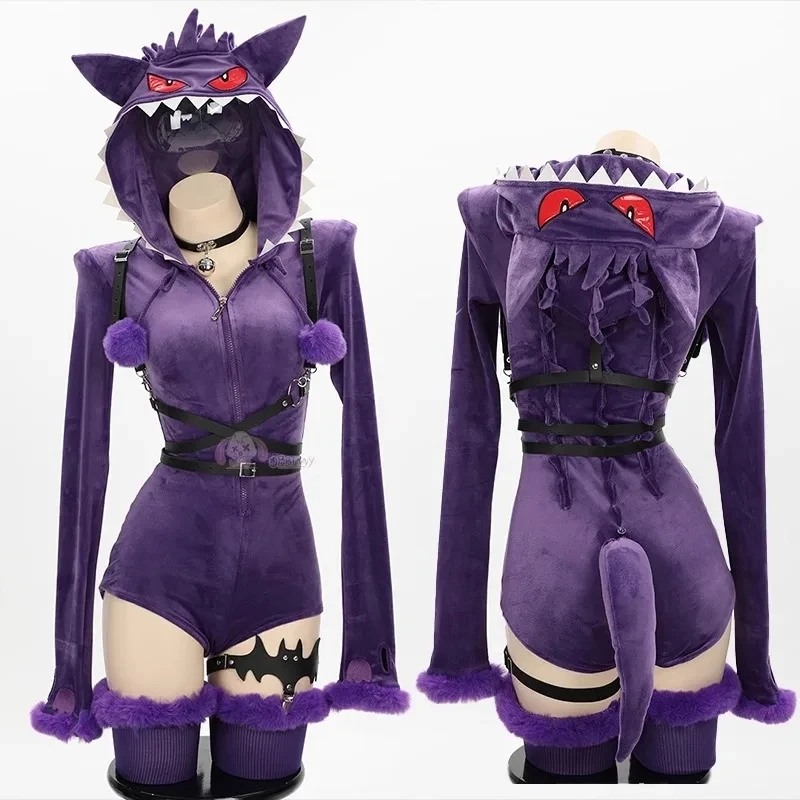 

Purple Ghost Cosplay Costume Halloween Sexy Women Purple Sexy Romper Bodysuit Plush Hooded And Socks With Belt And Tail Party