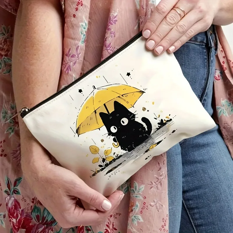 Whimsical Cat Canvas Women Makeup Bag Portable Travel Cosmetic Bag with Zipper Lightweight Female Coin Pouch Fashion Girls Purse 2