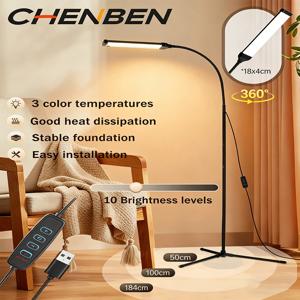 Modern LED floor lamp with 7-watt dimmable power, long reading light, standing lamp for living room, bedroom, and office
