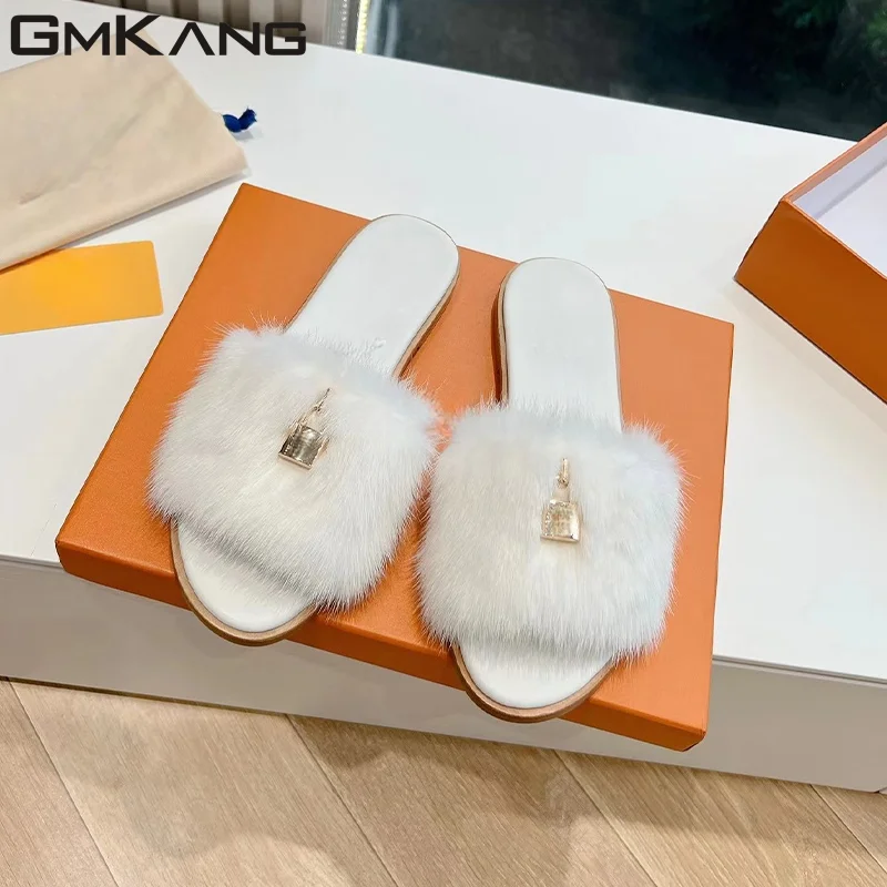 

High quality mink hair slippers women's round toe comfortable slippers neutral fur mule flat shoes autumn half slippers women's