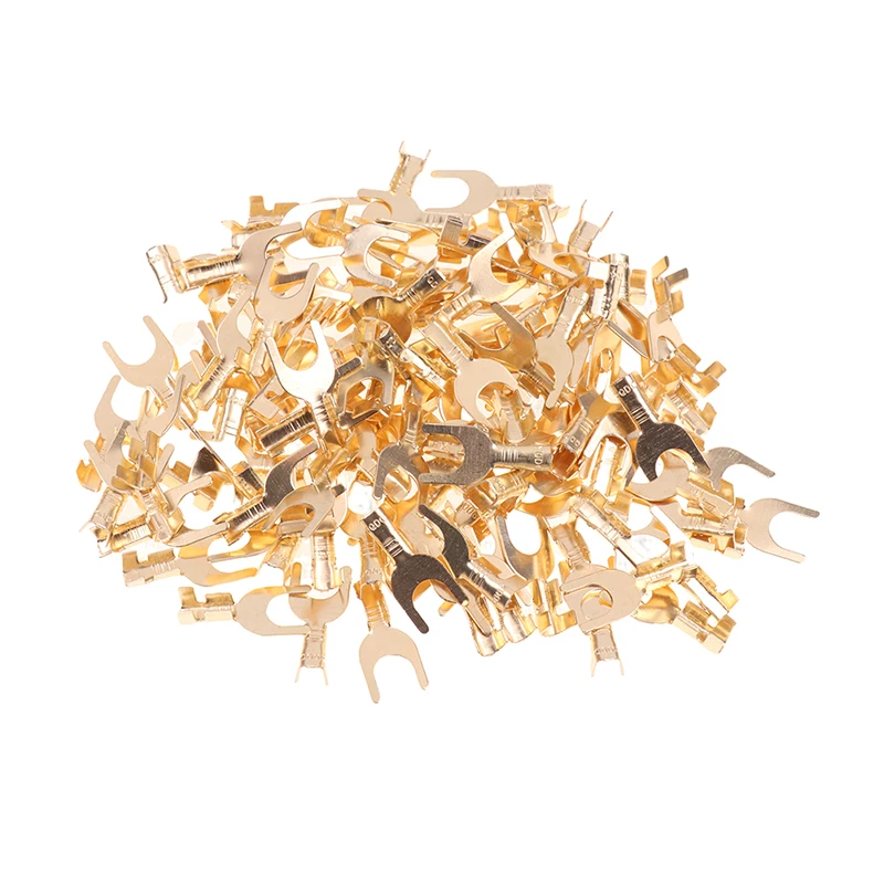 Wire connectors 100Pcs M3 M4 M5 M6 Brass Fork Spade U-Type Non-Insulated Wire Connector Electrical Crimp Ground Terminal 0.5-2.5mm 3.2-6.2mm