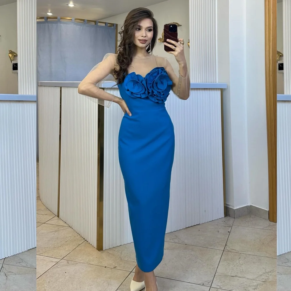 Saudi Arabia  Evening Jersey Handmade Flower Beach A-line O-Neck Bespoke Occasion Gown Midi Dresses