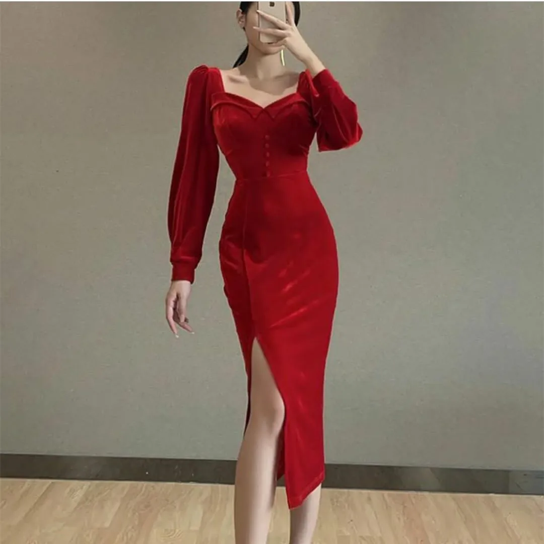 

Vintage Short Red Velvet Evening Dresses With Sleeves Sheath Tea Length فساتين السهرة Robes de soirée Prom Dress for Women