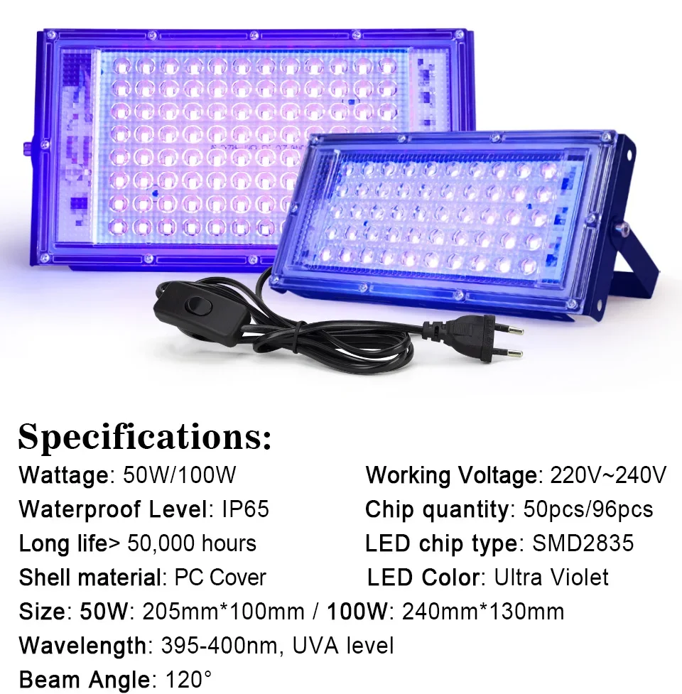 UV LED Black Light 200W 300W UV Curing Lamps Waterproof Ultraviolet Fluorescent Flood Lights for Bar Wall Party Halloween Decor